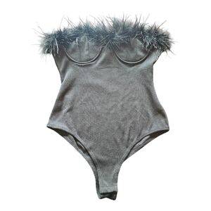 Women's black body suit with black feathers. Size large